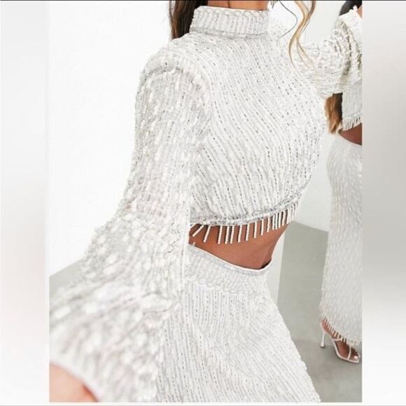 ASOS Edition Linear Fringe Pearl Embellished Crop Top With High Neck in White - Picture 12 of 13